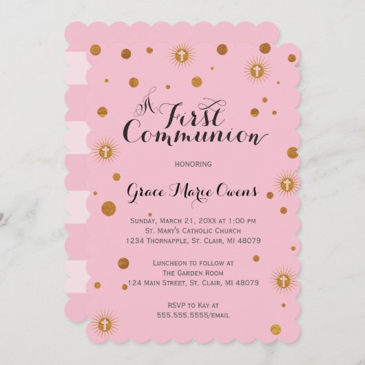Gold Glitter Eerste Communie Uitnodiging (Voorkant / Achterkant)