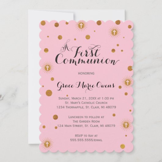 Gold Glitter Eerste Communie Uitnodiging (Voorkant)