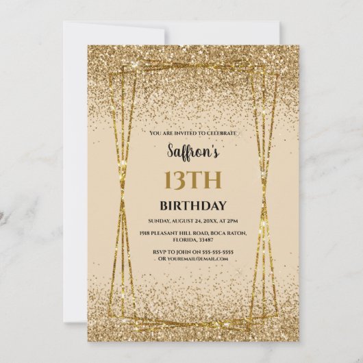 Gold Glitter Effect Birthday Party Invitation Kaart (Voorkant)
