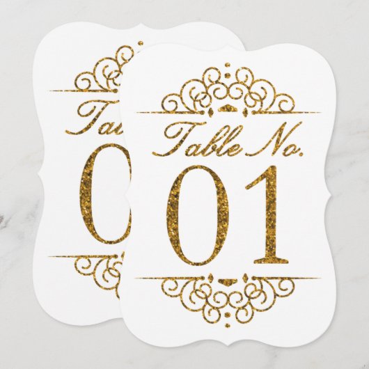 Gold Glitter Effect Wedding Table Number Kaart (01 (Voorkant / Achterkant)