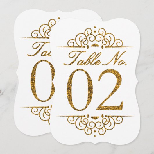 Gold Glitter Effect Wedding Table Number Kaart (02 (Voorkant / Achterkant)