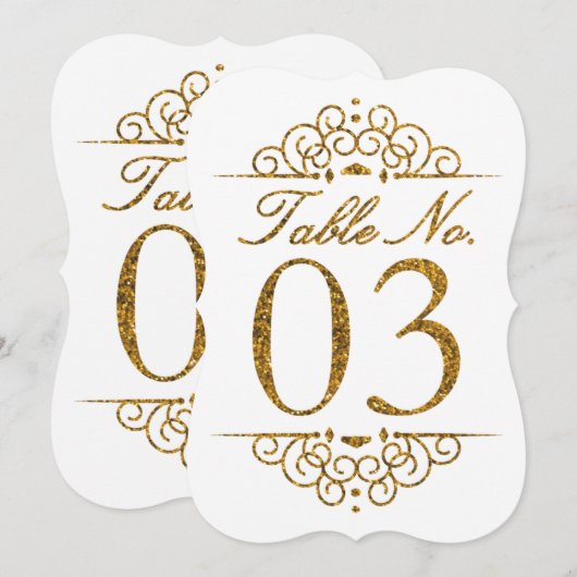 Gold Glitter Effect Wedding Table Number Kaart (03 (Voorkant / Achterkant)
