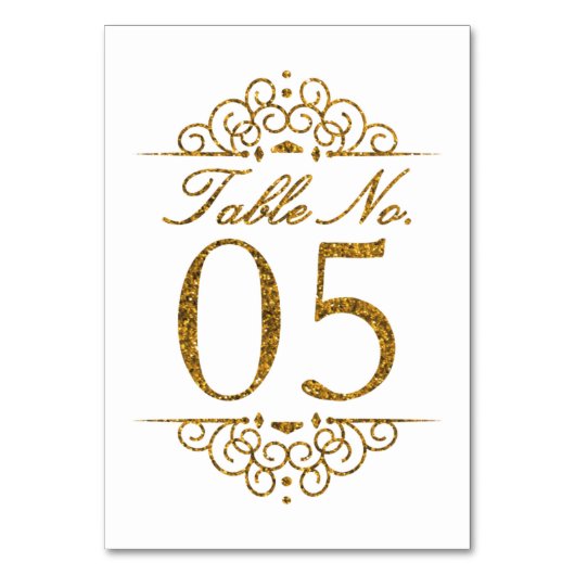 Gold Glitter Effect Wedding Table Number Kaart (05 (Voorkant)