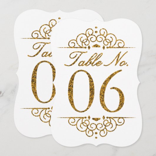 Gold Glitter Effect Wedding Table Number Kaart (06 (Voorkant / Achterkant)