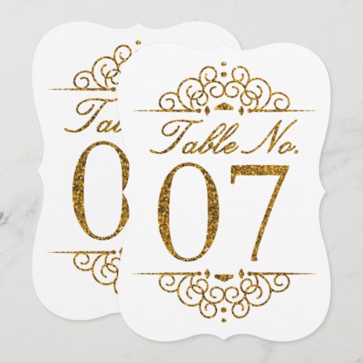 Gold Glitter Effect Wedding Table Number Kaart (07 (Voorkant / Achterkant)