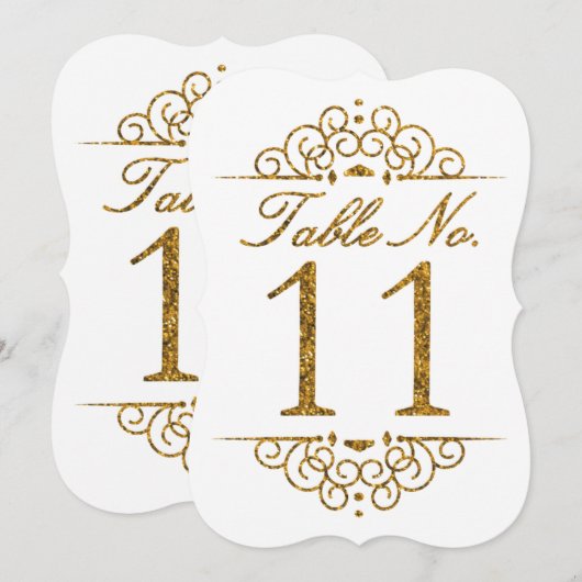 Gold Glitter Effect Wedding Table Number Kaart (11 (Voorkant / Achterkant)