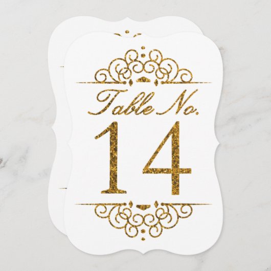 Gold Glitter Effect Wedding Table Number Kaart (14 (Voorkant / Achterkant)