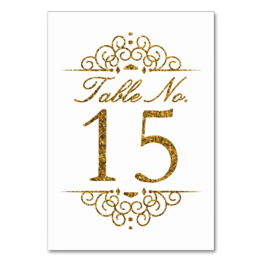 Gold Glitter Effect Wedding Table Number Kaart (15 (Voorkant)