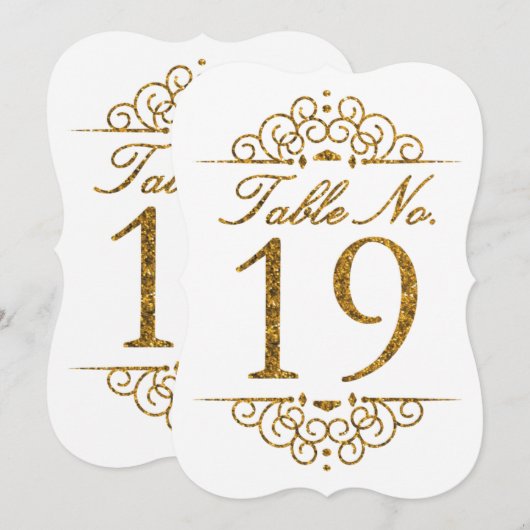 Gold Glitter Effect Wedding Table Number Kaart (19 (Voorkant / Achterkant)
