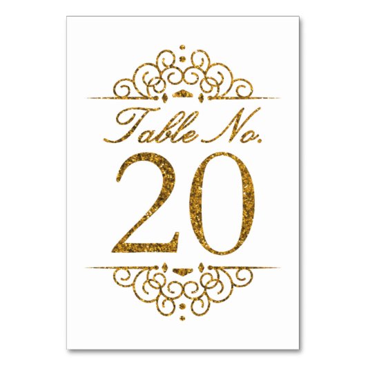 Gold Glitter Effect Wedding Table Number Kaart (20 (Voorkant)