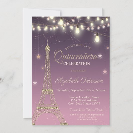 Gold Glitter Eiffel Tower, Burgundy Quinceañera Kaart (Voorkant)