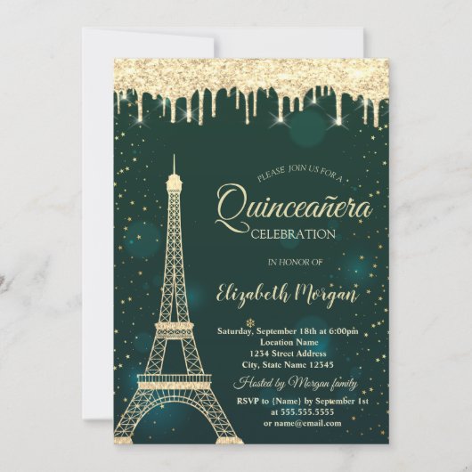 Gold Glitter Eiffel Tower, Drives Green Quinceañer Kaart (Voorkant)