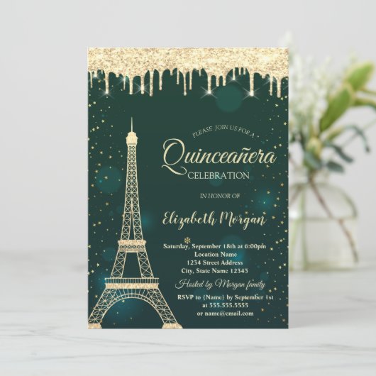 Gold Glitter Eiffel Tower, Drives Green Quinceañer Kaart (Staand voorkant)