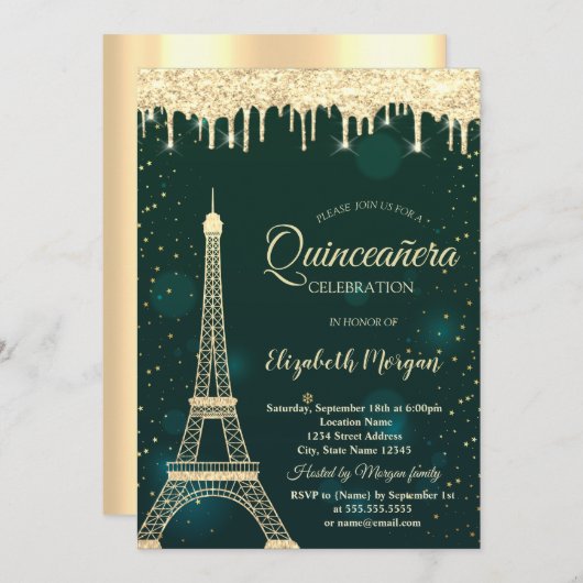 Gold Glitter Eiffel Tower, Drives Green Quinceañer Kaart (Voorkant / Achterkant)