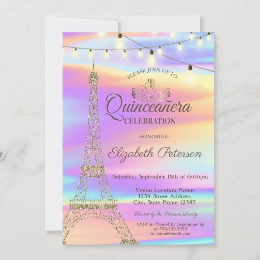 Gold Glitter Eiffel Tower Holographic Quinceañera Kaart (Voorkant)