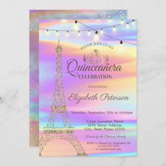 Gold Glitter Eiffel Tower Holographic Quinceañera Kaart (Voorkant / Achterkant)