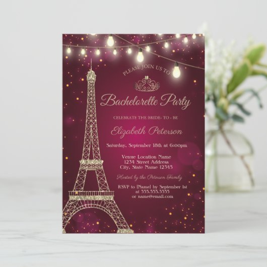 Gold Glitter Eiffel Tower, Tiara Bachelorette Part Kaart (Staand voorkant)