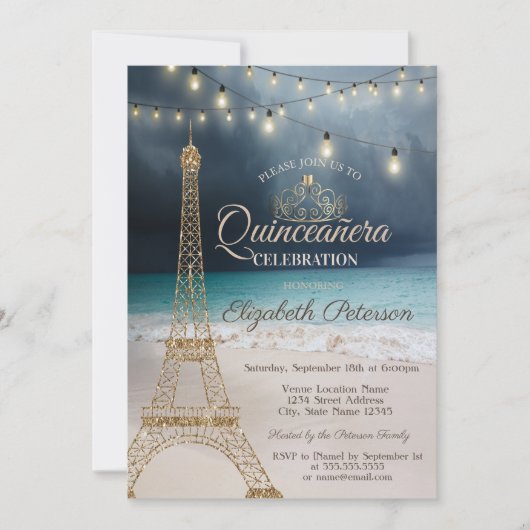Gold Glitter Eiffel Tower, Tiara Beach Quinceañera Kaart (Voorkant)