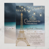 Gold Glitter Eiffel Tower, Tiara Beach Quinceañera Kaart (Voorkant / Achterkant)