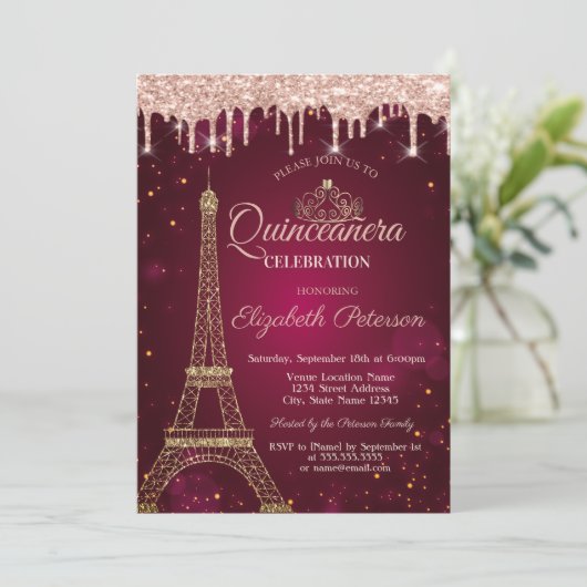 Gold Glitter Eiffel Tower Tiara bestuurt Quinceañe Kaart (Staand voorkant)