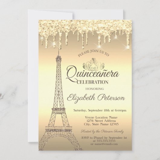 Gold Glitter Eiffel Tower, Tiara, Drives Quinceañe Kaart (Voorkant)