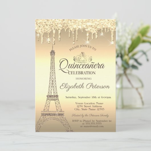 Gold Glitter Eiffel Tower, Tiara, Drives Quinceañe Kaart (Staand voorkant)