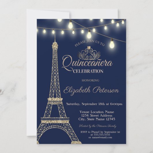 Gold Glitter Eiffel Tower, Tiara Quinceañera Kaart (Voorkant)