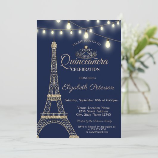 Gold Glitter Eiffel Tower, Tiara Quinceañera Kaart (Staand voorkant)