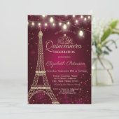 Gold Glitter Eiffel Tower, Tiara Red Quinceañera Kaart (Staand voorkant)