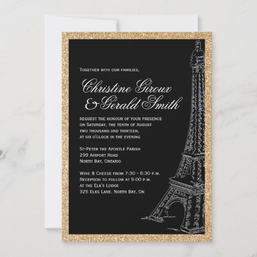 Gold Glitter Eiffel Tower Wedding Invitations Kaart (Voorkant)