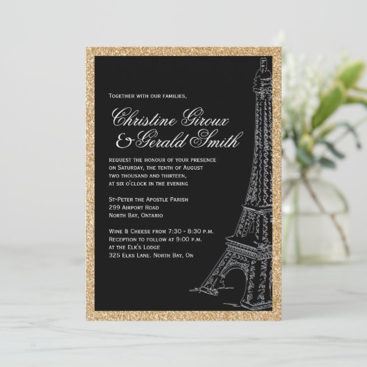 Gold Glitter Eiffel Tower Wedding Invitations Kaart (Staand voorkant)