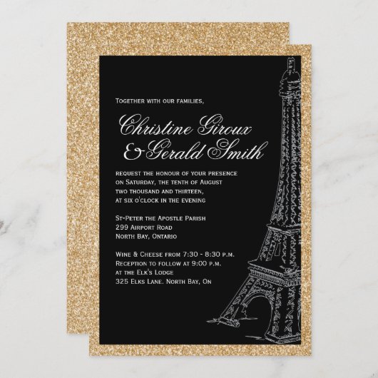 Gold Glitter Eiffel Tower Wedding Invitations Kaart (Voorkant / Achterkant)