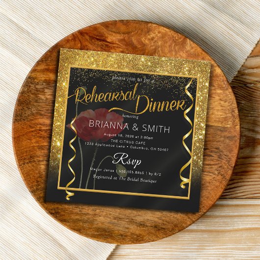 Gold Glitter Elegant Calligraphy Rehearings Dinner Kaart