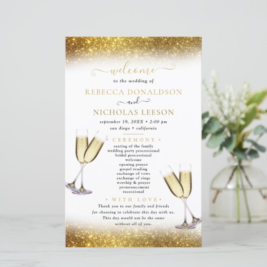 Gold Glitter Elegant Calligraphy Wedding Programme (Staand voorkant)