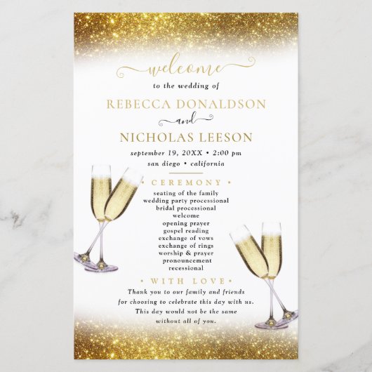 Gold Glitter Elegant Calligraphy Wedding Programme (Voorkant)