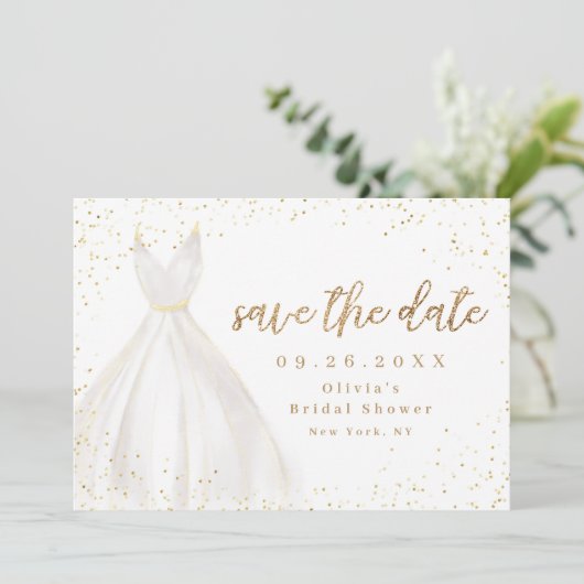 Gold Glitter Elegant Dress slaat de datum op Save The Date (Staand voorkant)