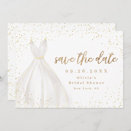 Gold Glitter Elegant Dress slaat de datum op Save The Date (Voorkant / Achterkant)