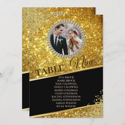 Gold Glitter Elegant Photo Seating Chart Kaart (Voorkant / Achterkant)