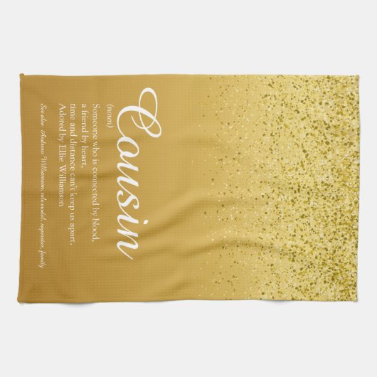 Gold Glitter Elegant Script Cousin-definitie Theedoek (Horizontaal)