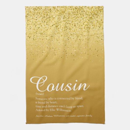 Gold Glitter Elegant Script Cousin-definitie Theedoek (Verticaal)