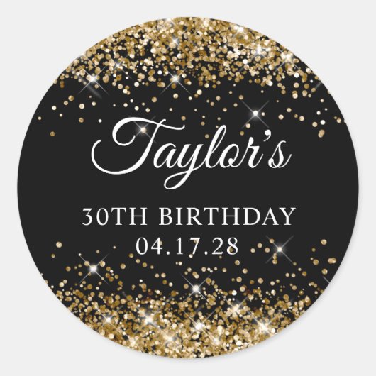 Gold Glitter en Black 30th Birthday Ronde Sticker (Voorkant)