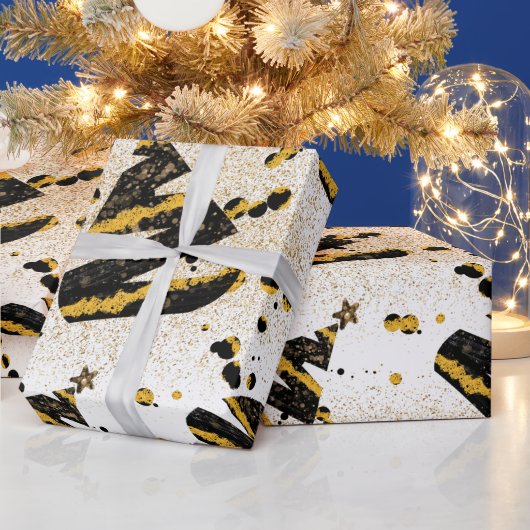 Gold Glitter en Black kerstboompatroon Cadeaupapier (Feestdagen)