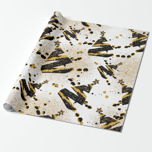 Gold Glitter en Black kerstboompatroon Cadeaupapier (Uitgerold)