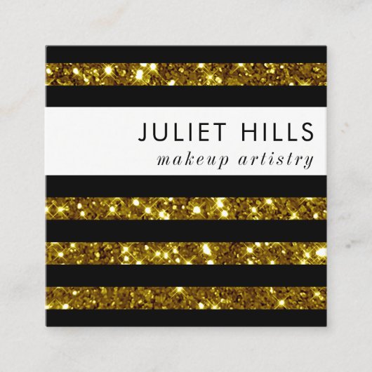 Gold Glitter en Black Stripe Square Visitekaartje (Voorkant)