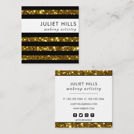 Gold Glitter en Black Stripe Square Visitekaartje (Voorkant / Achterkant)