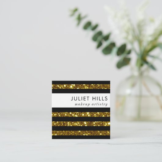 Gold Glitter en Black Stripe Square Visitekaartje (Staand voorkant)