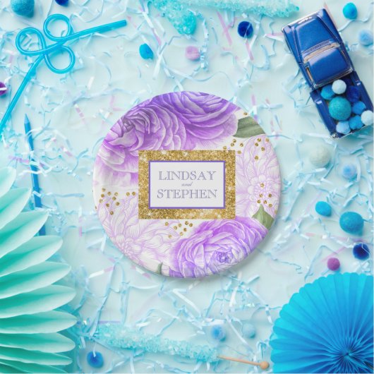Gold Glitter en Blauw en Paarse Bloemen Papieren Bordje (Feest)