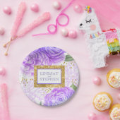 Gold Glitter en  Blauw en Paarse Bloemen Papieren Bordje (Feest)