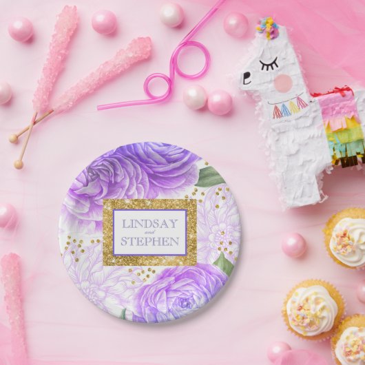 Gold Glitter en Blauw en Paarse Bloemen Papieren Bordje (Feest)