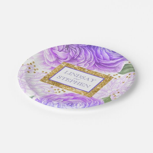 Gold Glitter en Blauw en Paarse Bloemen Papieren Bordje (Gekanteld)